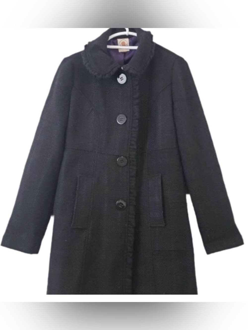 Anthropologie Tulle Black wool coat ruffle front & collar pockets flattering fit
